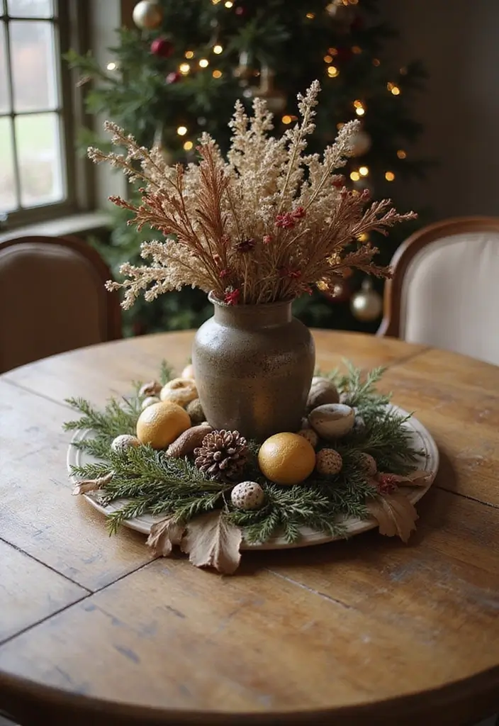27 Round Table Christmas Centerpiece Ideas That Shine - 8. Vintage-Inspired Centerpiece