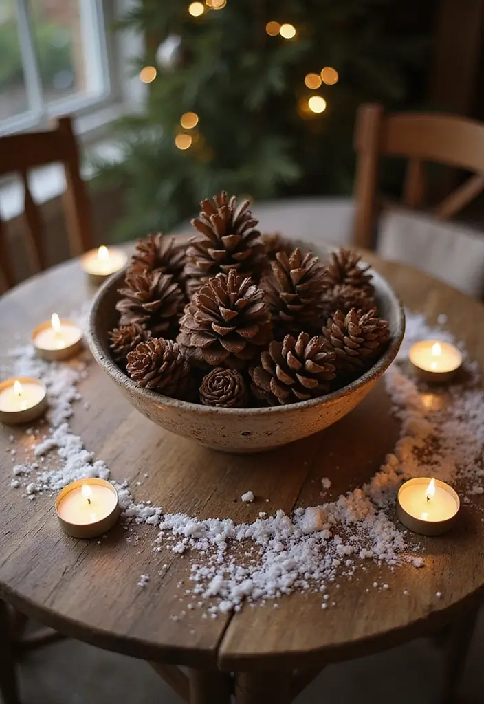 27 Round Table Christmas Centerpiece Ideas That Shine - 9. Snowy Pinecone Display
