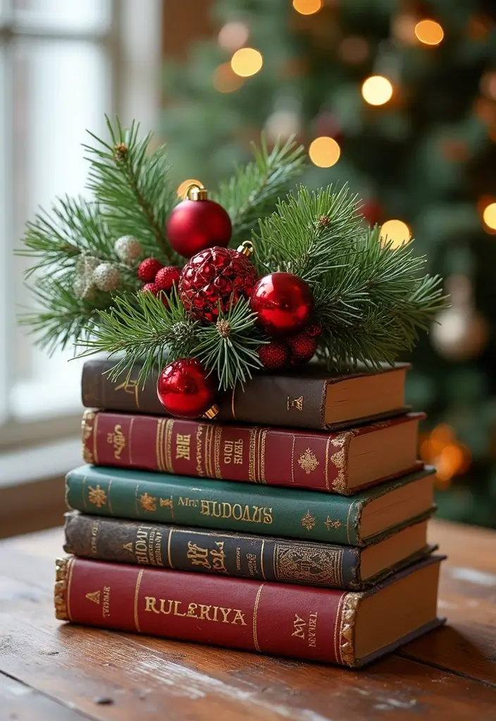 28 Christmas Centerpiece Ideas That Elevate Any Table 15 28 Christmas Centerpiece Ideas That Elevate Any Table - 15. Holiday-themed Book Stack