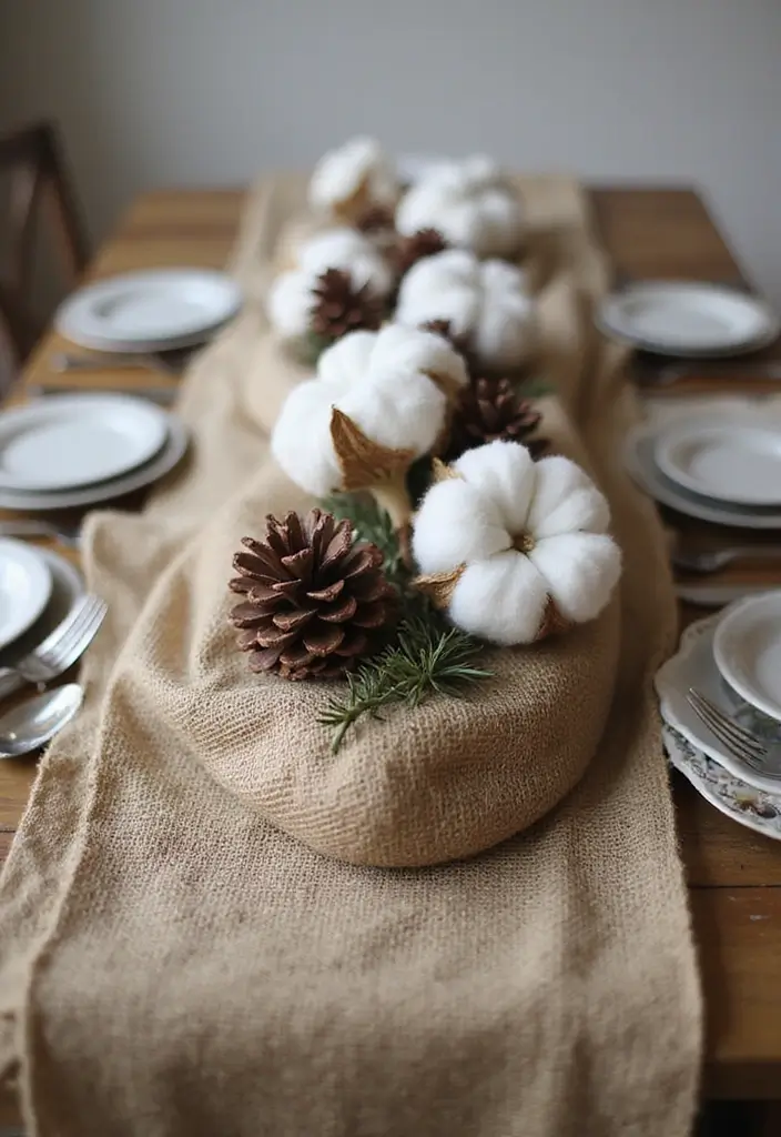 28 Christmas Centerpiece Ideas That Elevate Any Table 18 28 Christmas Centerpiece Ideas That Elevate Any Table - 18. Cotton and Burlap Texture Arrangement