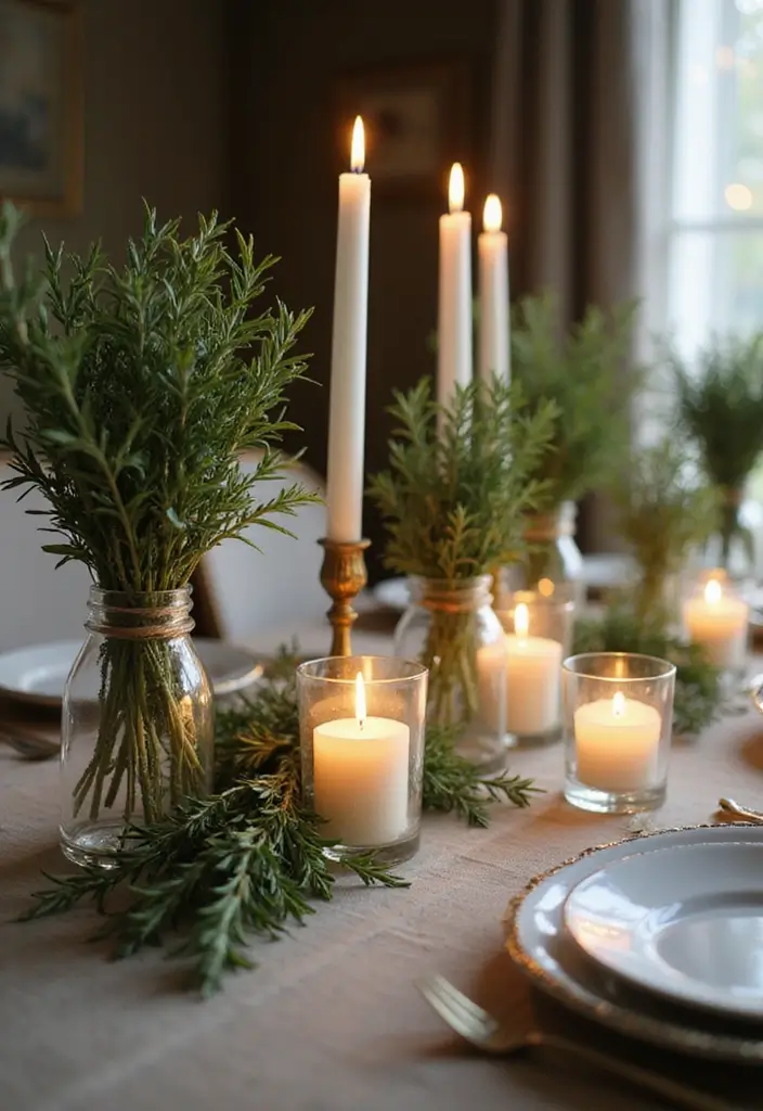 28 Christmas Centerpiece Ideas That Elevate Any Table 2 28 Christmas Centerpiece Ideas That Elevate Any Table - 2. Fresh Herb and Candle Arrangement