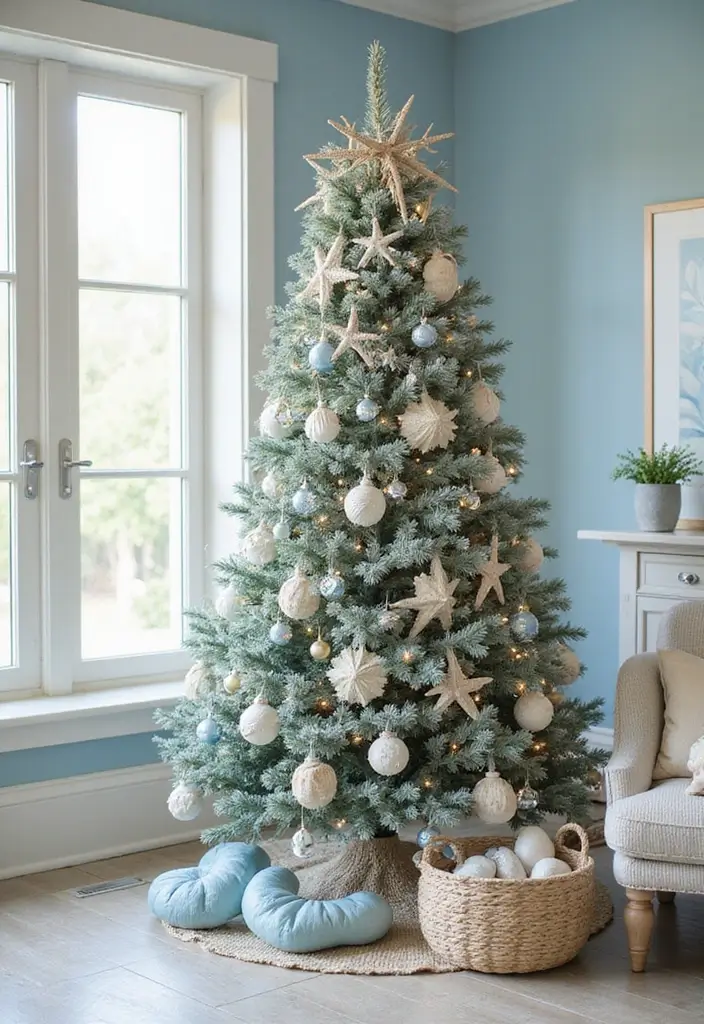 28 Christmas Tree Color Theme Ideas You’ll Want to Copy - 13. Cool Coastal Vibe