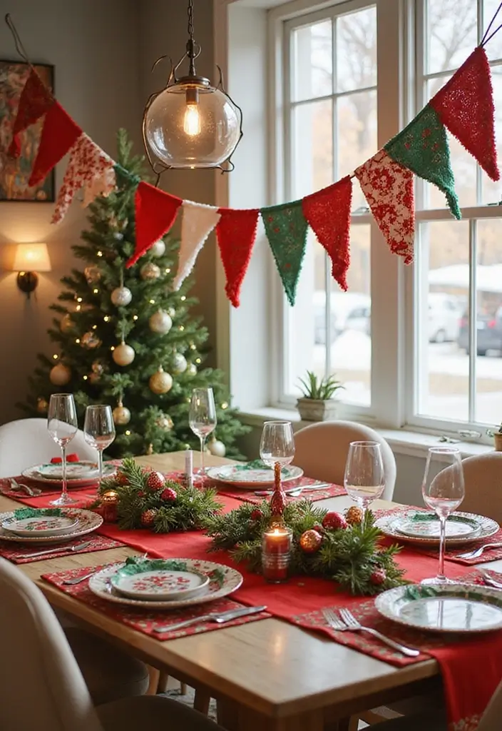 28 Festive Table Noël Decoration Ideas for Inspiration 19 28 Festive Table Noël Decoration Ideas for Inspiration - 19. Colorful Holiday Banners