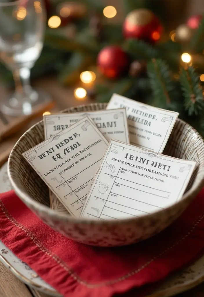 28 Festive Table Noël Decoration Ideas for Inspiration 23 28 Festive Table Noël Decoration Ideas for Inspiration - 23. Engaging Holiday Trivia Cards