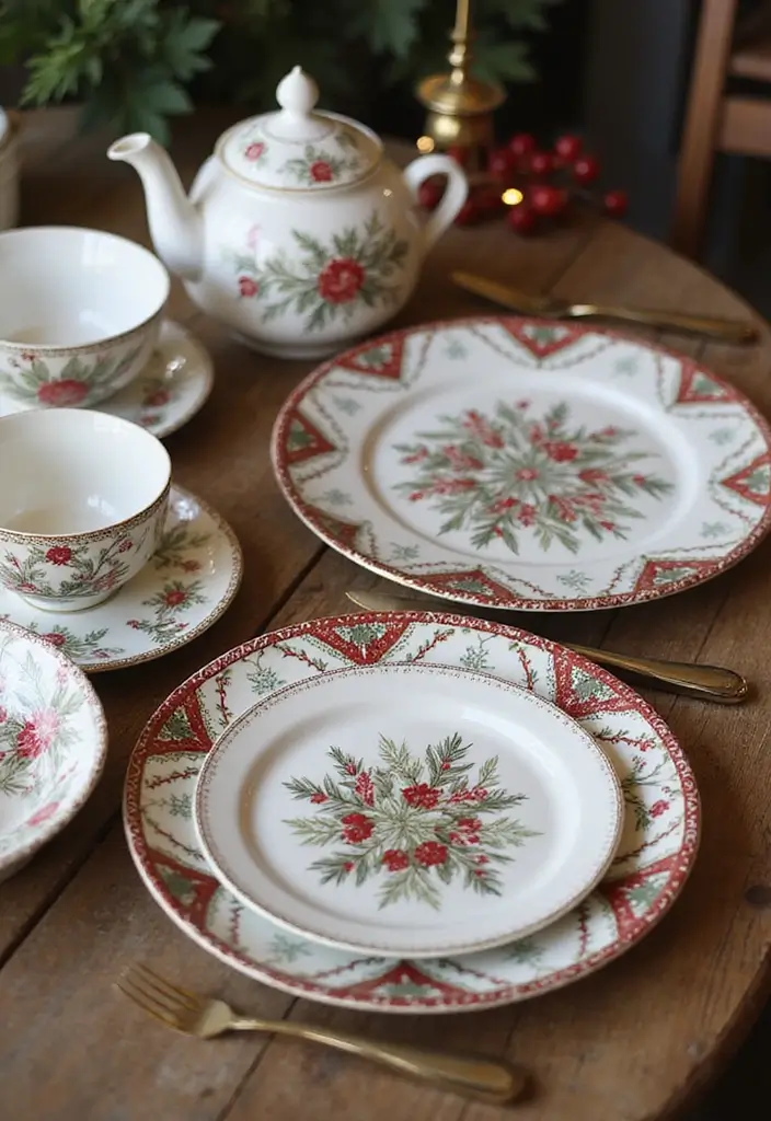 28 Festive Table Noël Decoration Ideas for Inspiration 3 28 Festive Table Noël Decoration Ideas for Inspiration - 3. Vintage Mismatched Dishes