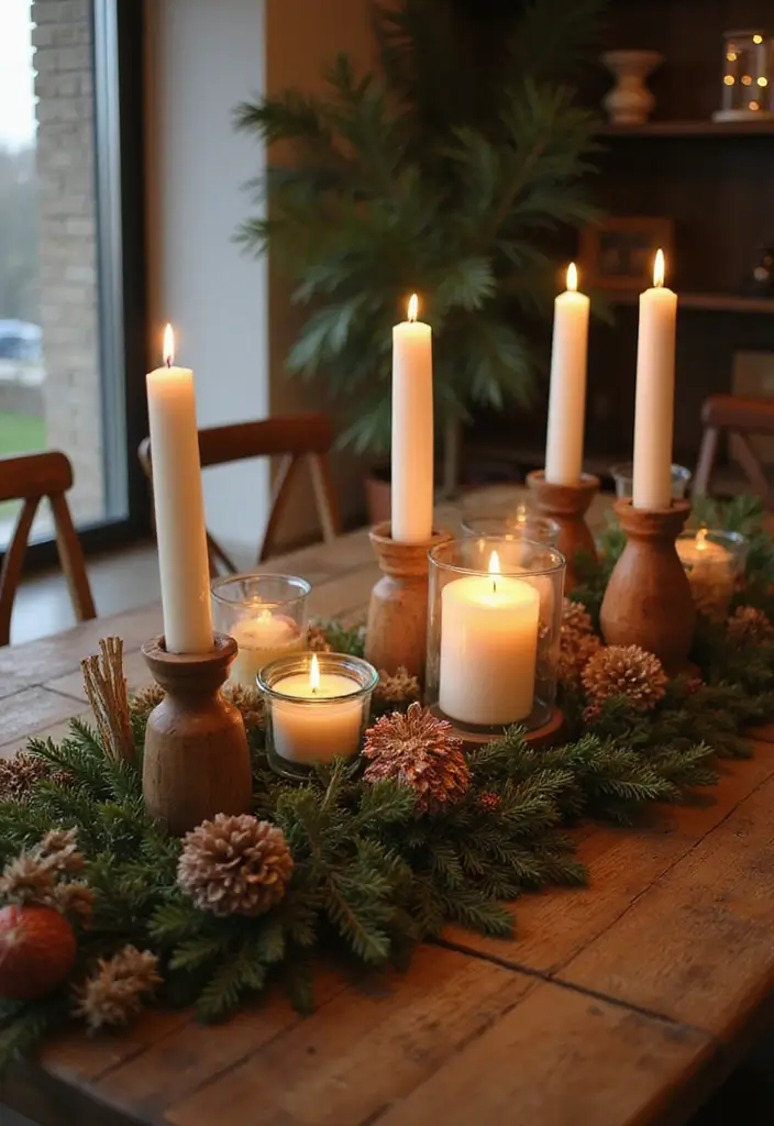 28 Festive Table Noël Decoration Ideas for Inspiration 7 28 Festive Table Noël Decoration Ideas for Inspiration - 7. Candles in Rustic Holders