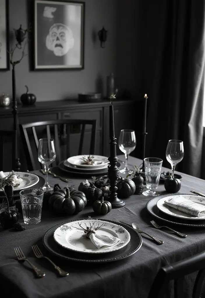 28 Halloween Table Décor Ideas for Every Gathering 10 28 Halloween Table Décor Ideas for Every Gathering - 10. Classic Black and White