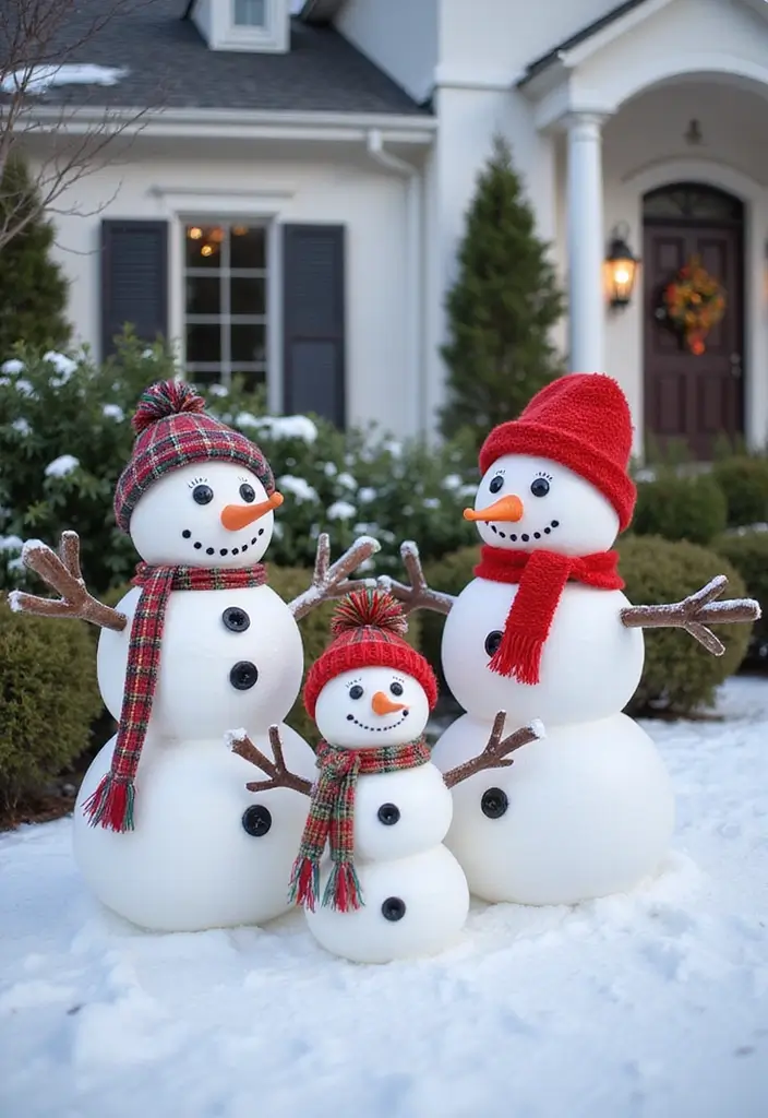 28 Outdoor Christmas House Decoration Ideas That Shine 10 28 Outdoor Christmas House Decoration Ideas That Shine - 10. DIY Snowman Family