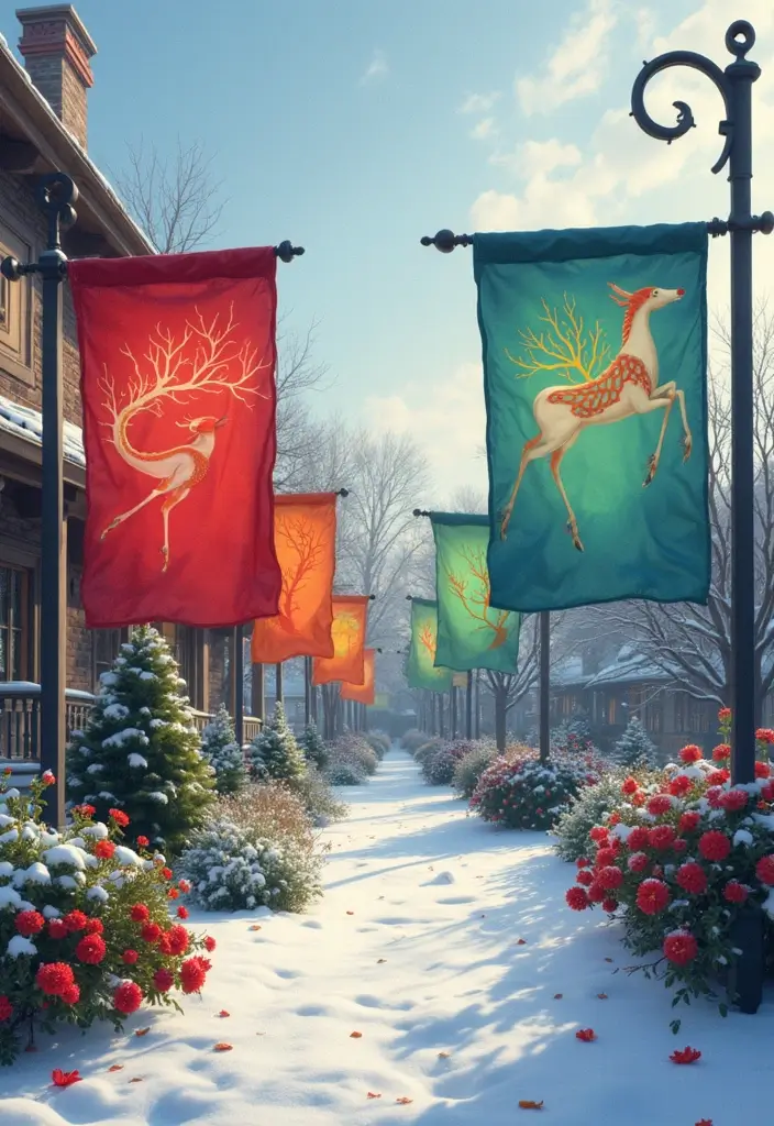 28 Outdoor Christmas House Decoration Ideas That Shine 16 28 Outdoor Christmas House Decoration Ideas That Shine - 16. Holiday Themed Garden Flags
