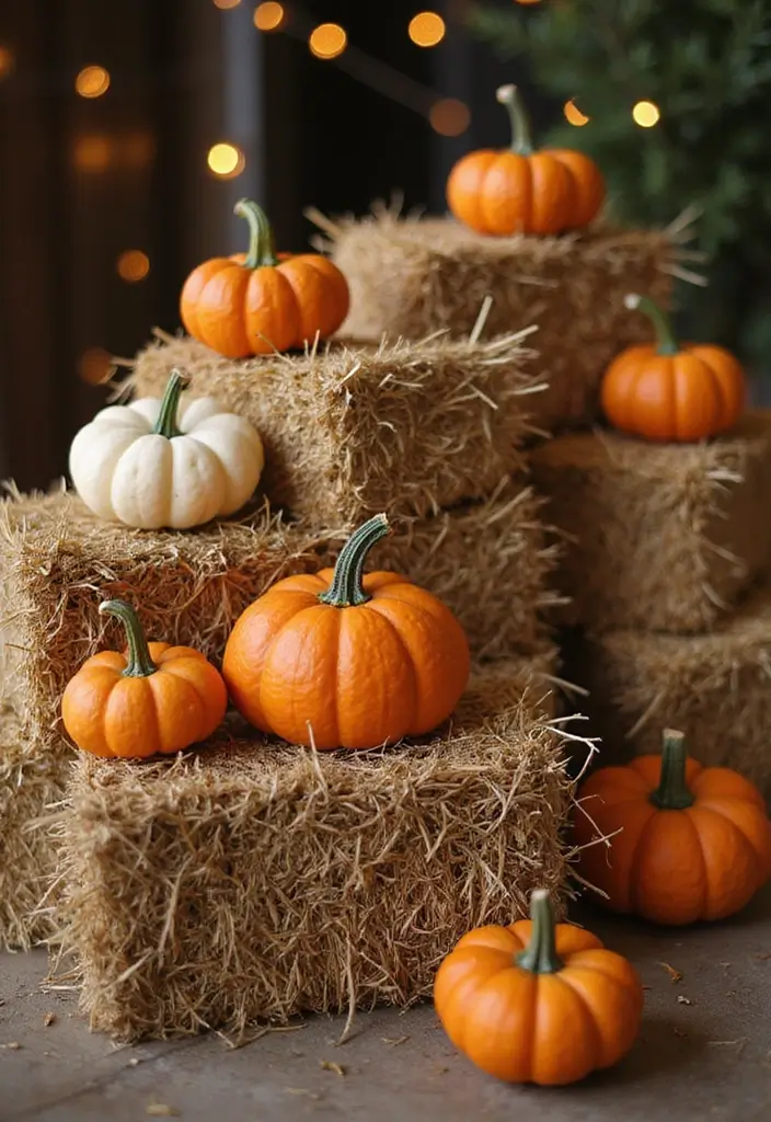28 Simple Halloween Decoration Ideas That Still Impress 13 28 Simple Halloween Decoration Ideas That Still Impress - 13. Pumpkin and Hay Bale Display