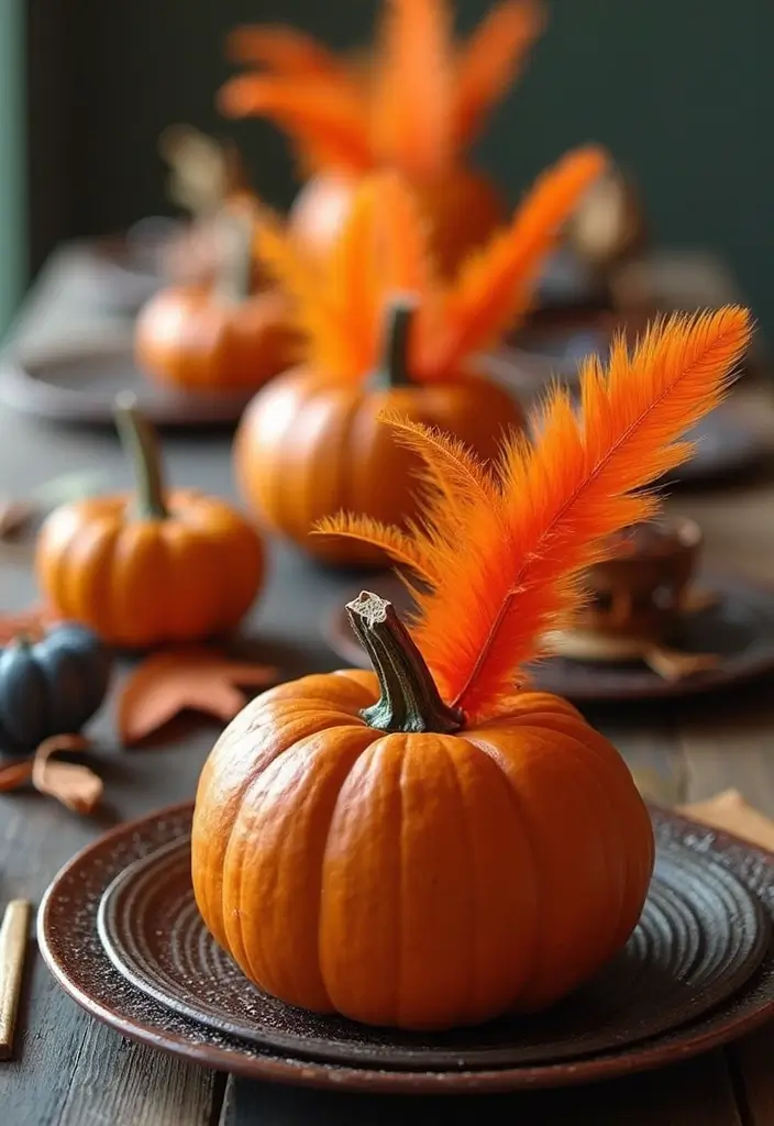 28 Simple Halloween Decoration Ideas That Still Impress 19 28 Simple Halloween Decoration Ideas That Still Impress - 19. Pumpkin and Feather Accents