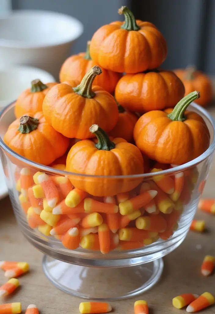 28 Simple Halloween Decoration Ideas That Still Impress 24 28 Simple Halloween Decoration Ideas That Still Impress - 24. Pumpkin and Candy Corn Display