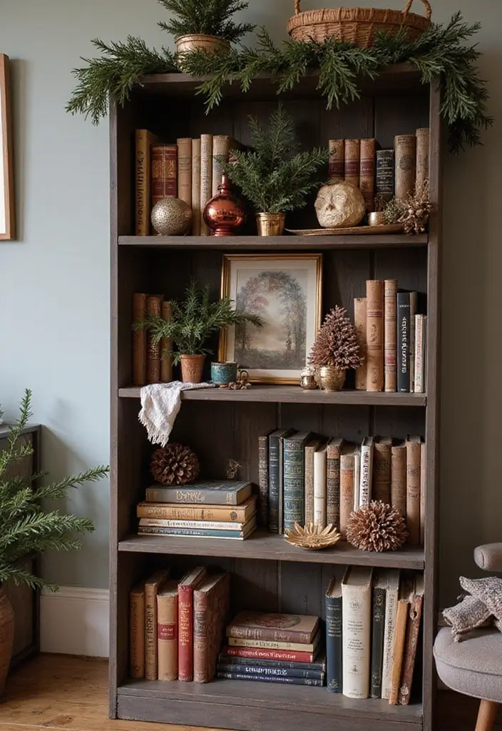 29 Apartment Christmas Decor Ideas for a Cozy Holiday Home 17 29 Apartment Christmas Decor Ideas for a Cozy Holiday Home - 17. Christmas-themed Bookshelf Styling
