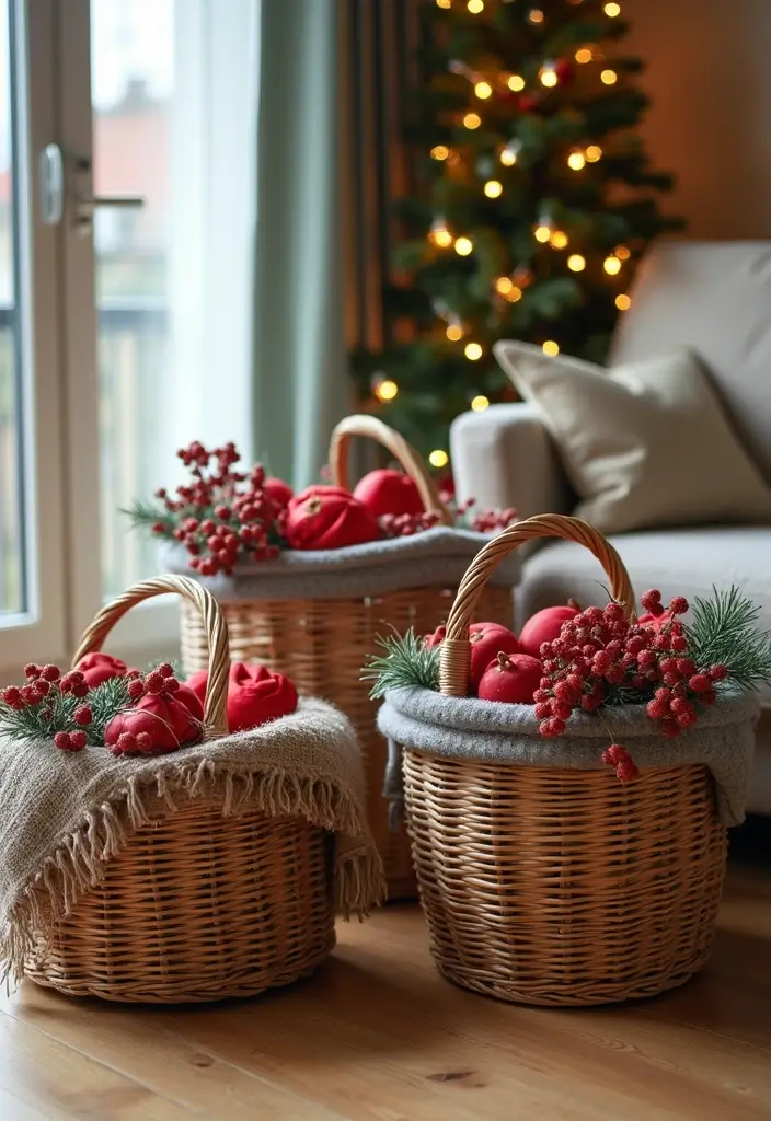 29 Apartment Christmas Decor Ideas for a Cozy Holiday Home 24 29 Apartment Christmas Decor Ideas for a Cozy Holiday Home - 24. Decorative Holiday Baskets