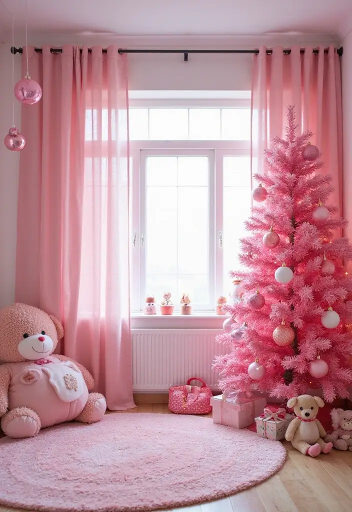 29 Christmas Curtain Ideas That Transform Any Room - 14. Pink Christmas Ornament Curtains