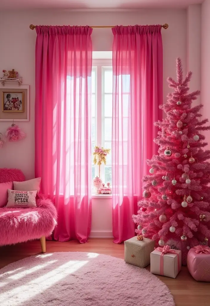 29 Christmas Curtain Ideas That Transform Any Room - 16. Bright Pink Faux Fur Curtains