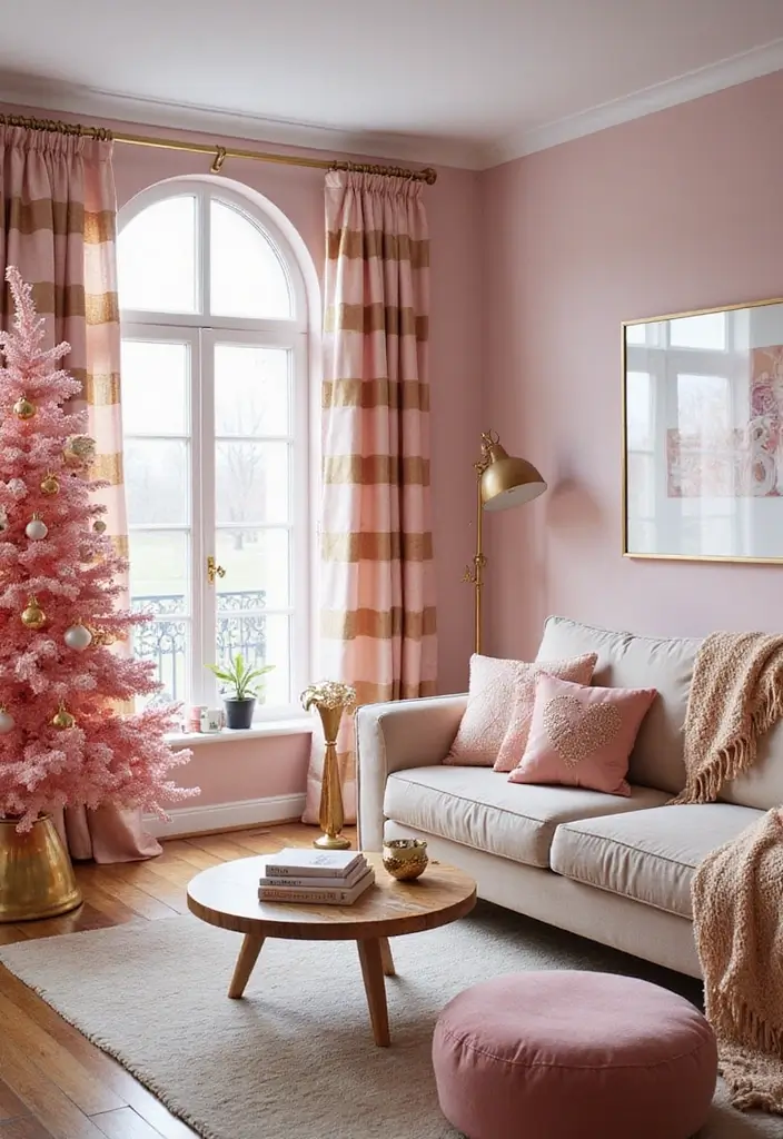 29 Christmas Curtain Ideas That Transform Any Room - 17. Pink and Gold Striped Curtains