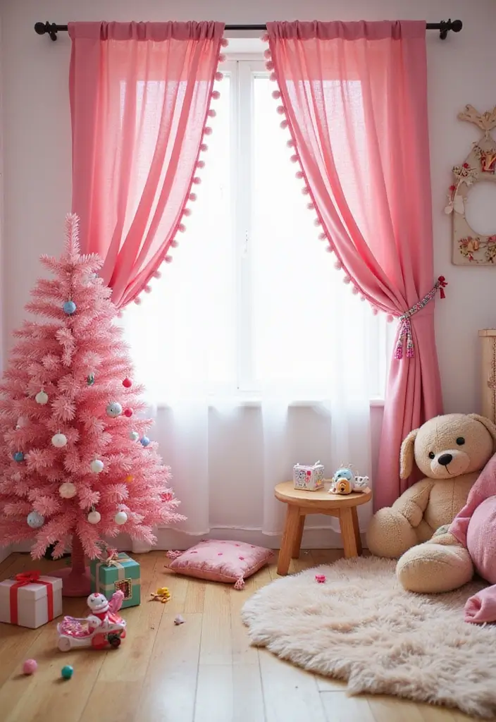 29 Christmas Curtain Ideas That Transform Any Room - 18. Pom-Pom Pink Curtains