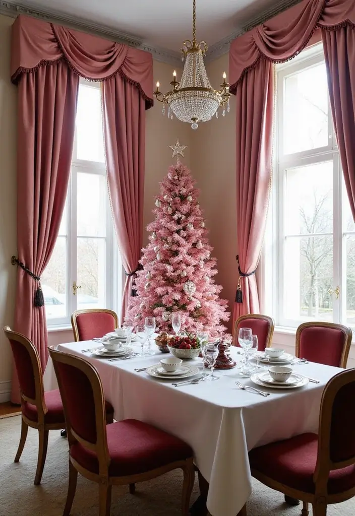 29 Christmas Curtain Ideas That Transform Any Room - 19. Flocked Velvet Pink Curtains