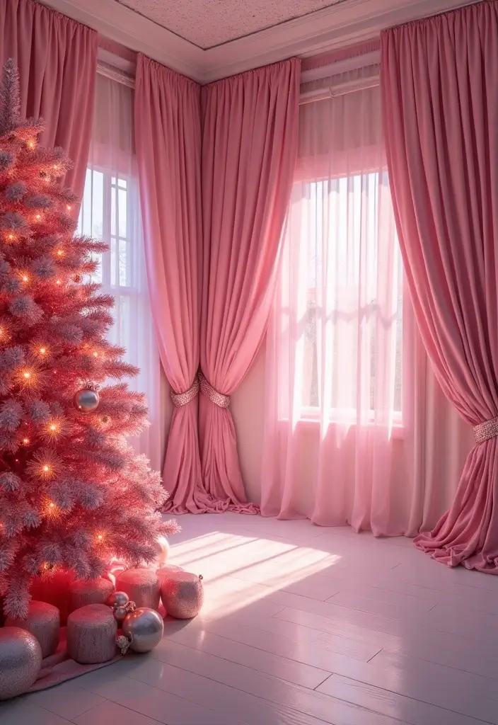 29 Christmas Curtain Ideas That Transform Any Room - 26. Pink Shimmering Curtains