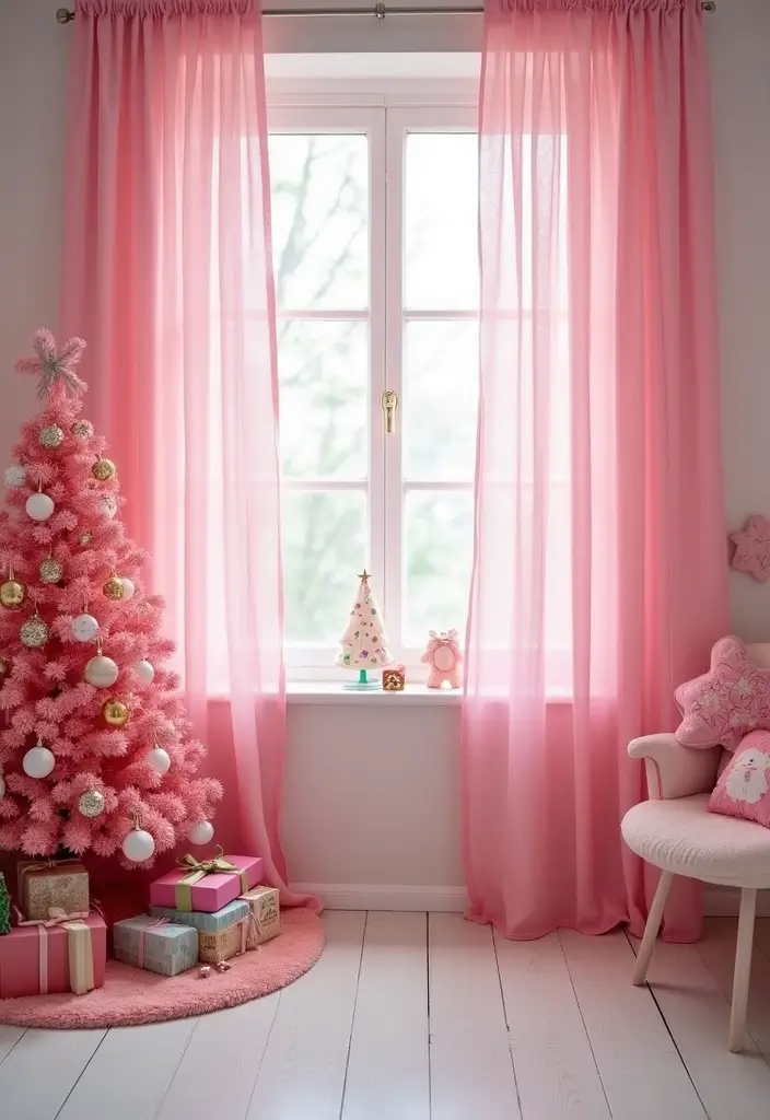 29 Christmas Curtain Ideas That Transform Any Room - 28. Pink Christmas Scene Curtains