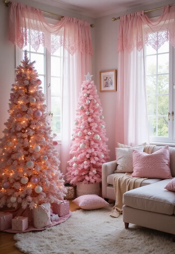 29 Christmas Curtain Ideas That Transform Any Room - 29. Pink Crochet Lace Curtains