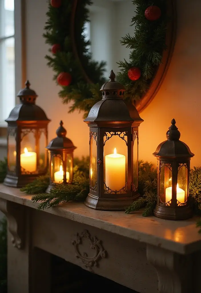 29 Christmas Mantel Decorating Ideas You’ll Want to Try 3 29 Christmas Mantel Decorating Ideas You’ll Want to Try - 3. Vintage Lanterns and Candles