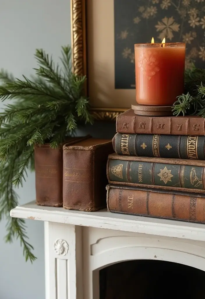 29 Christmas Mantel Decorating Ideas You’ll Want to Try 6 29 Christmas Mantel Decorating Ideas You’ll Want to Try - 6. Vintage Books and Holiday Touches