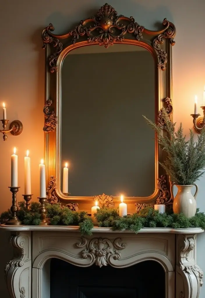 29 Christmas Mantel Decorating Ideas You’ll Want to Try 7 29 Christmas Mantel Decorating Ideas You’ll Want to Try - 7. Antique Mirrors as Backdrops