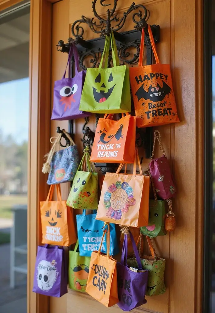 29 Halloween Decoration Ideas That Feel Unique & Fun 13 29 Halloween Decoration Ideas That Feel Unique & Fun - 13. Trick-or-Treat Bags Display