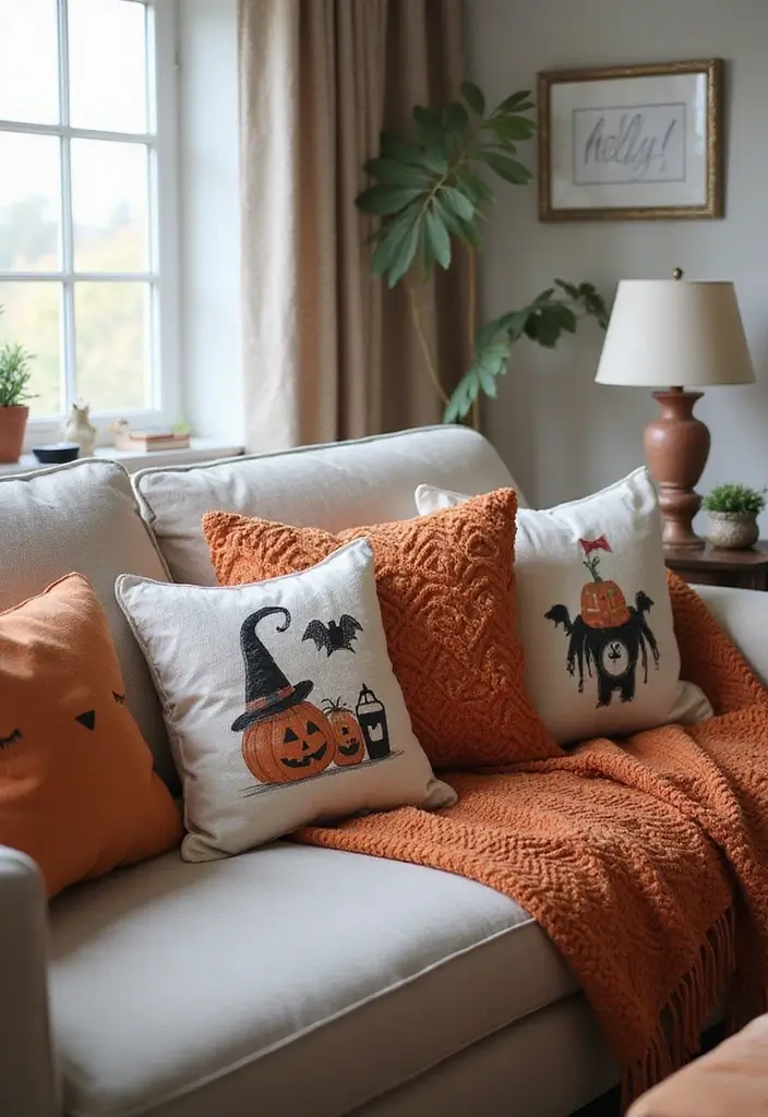 29 Halloween Decoration Ideas That Feel Unique & Fun 15 29 Halloween Decoration Ideas That Feel Unique & Fun - 15. Festive Pillows