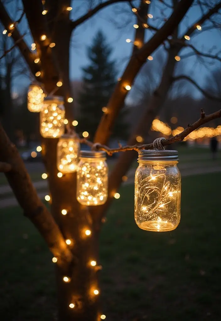 29 Outdoor Christmas Light Ideas That Shine Bright - 28. Hanging Lights in Mason Jars