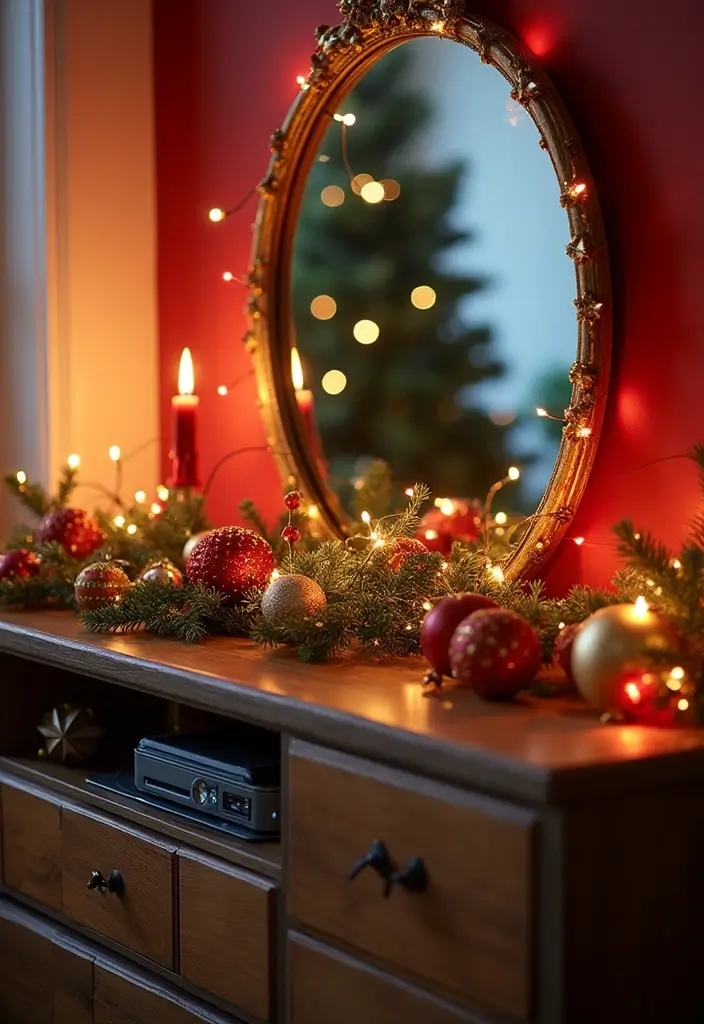 29 TV Stand Christmas Decor Ideas That Look Perfect 13 29 TV Stand Christmas Decor Ideas That Look Perfect - 13. Layered Mirror Effects