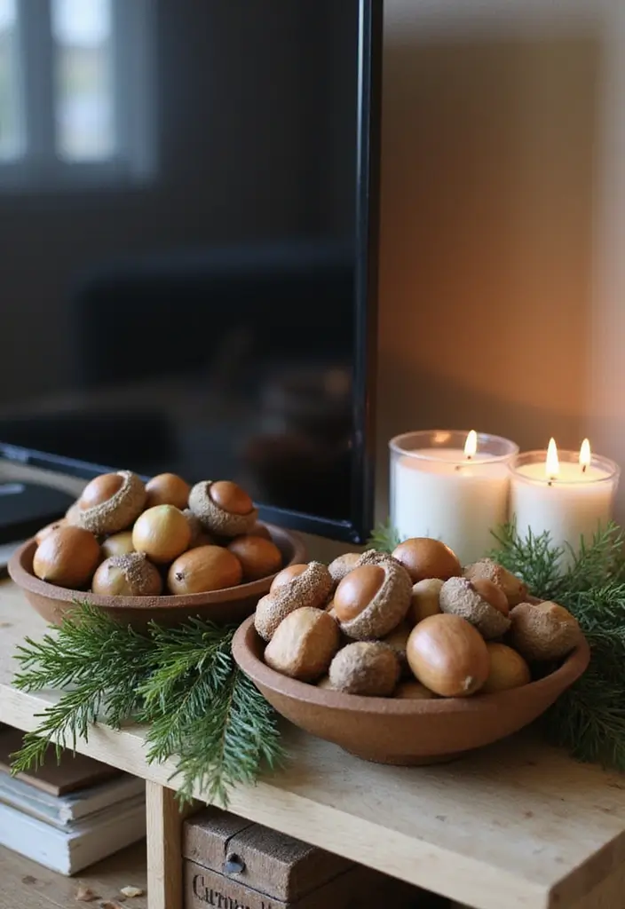 29 TV Stand Christmas Decor Ideas That Look Perfect 14 29 TV Stand Christmas Decor Ideas That Look Perfect - 14. Seasonal Acorns and Nuts