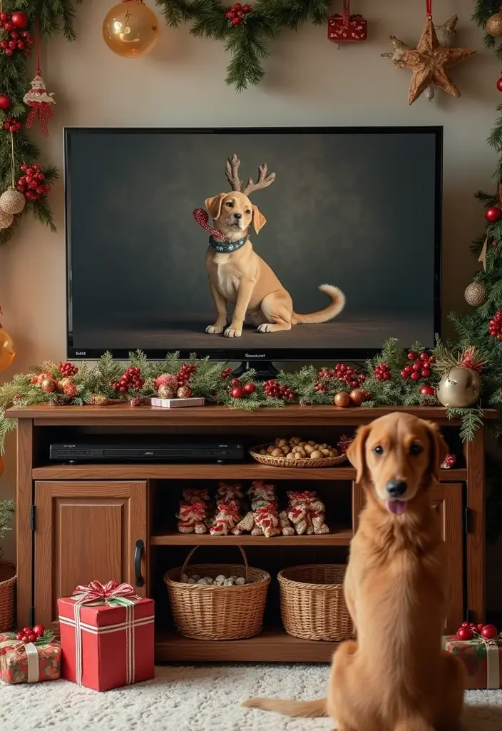 29 TV Stand Christmas Decor Ideas That Look Perfect 17 29 TV Stand Christmas Decor Ideas That Look Perfect - 17. Pet-Friendly Holiday Decor