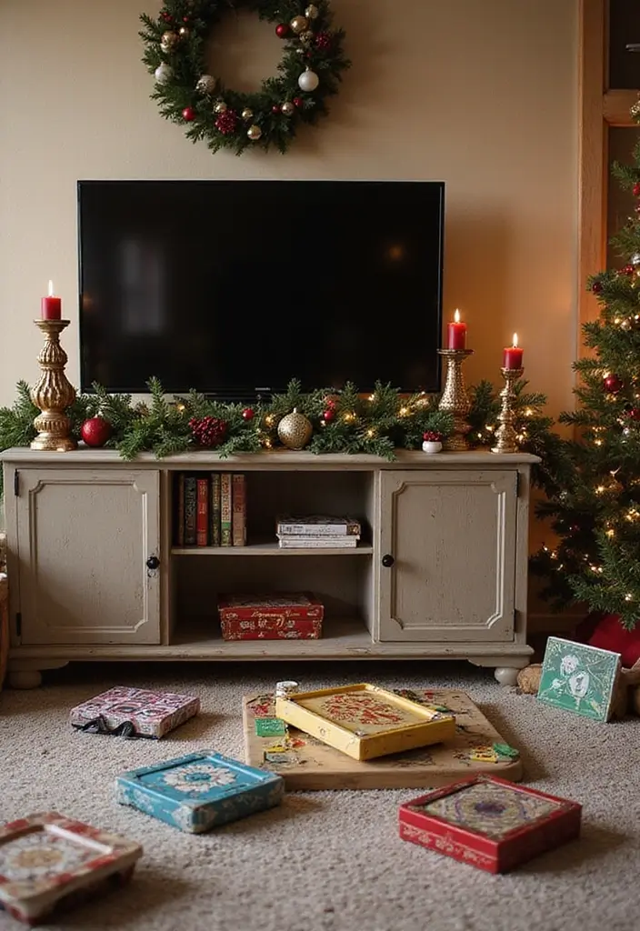 29 TV Stand Christmas Decor Ideas That Look Perfect 19 29 TV Stand Christmas Decor Ideas That Look Perfect - 19. Holiday Game Display