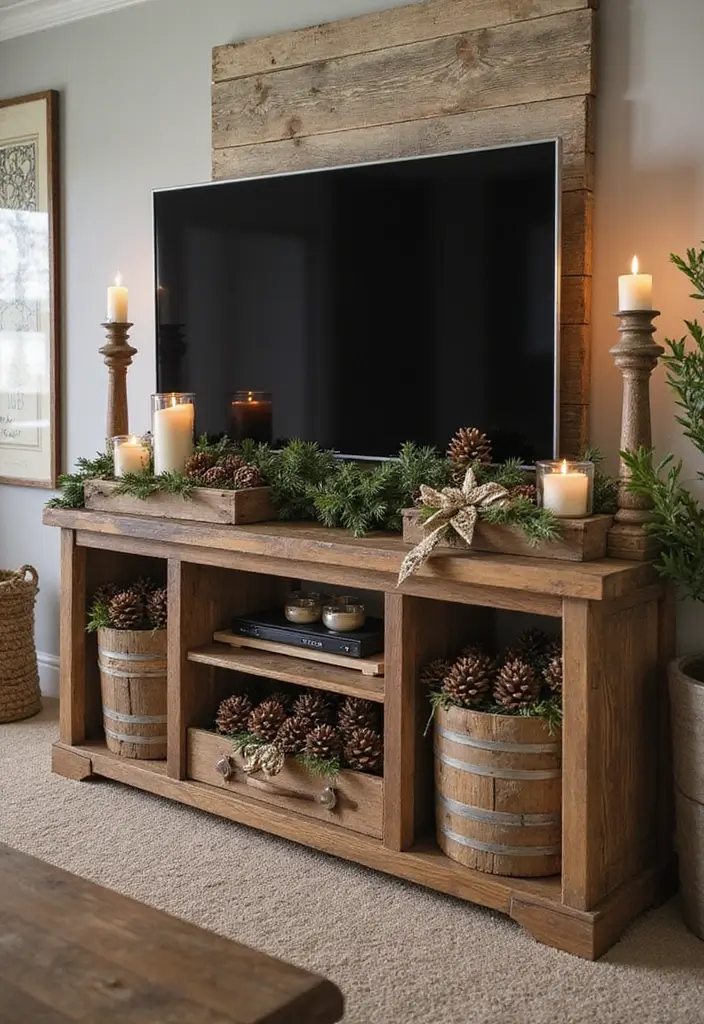 29 TV Stand Christmas Decor Ideas That Look Perfect 2 29 TV Stand Christmas Decor Ideas That Look Perfect - 2. Rustic Charm with Wood Accents