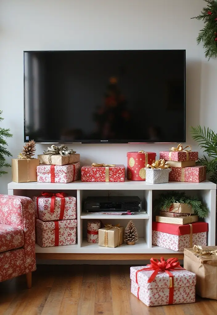 29 TV Stand Christmas Decor Ideas That Look Perfect 21 29 TV Stand Christmas Decor Ideas That Look Perfect - 21. Colorful Gift Displays