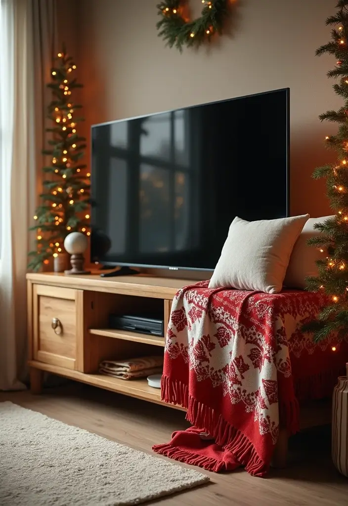 29 TV Stand Christmas Decor Ideas That Look Perfect 23 29 TV Stand Christmas Decor Ideas That Look Perfect - 23. Holiday Themed Throws