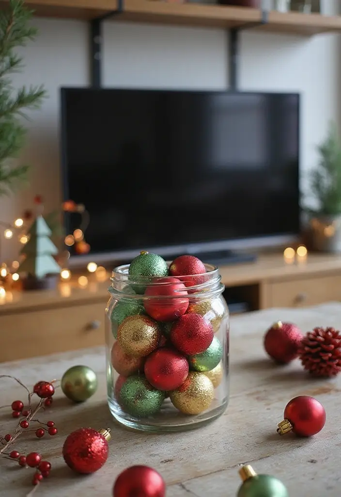 29 TV Stand Christmas Decor Ideas That Look Perfect 3 29 TV Stand Christmas Decor Ideas That Look Perfect - 3. Festive Ornaments as Decor