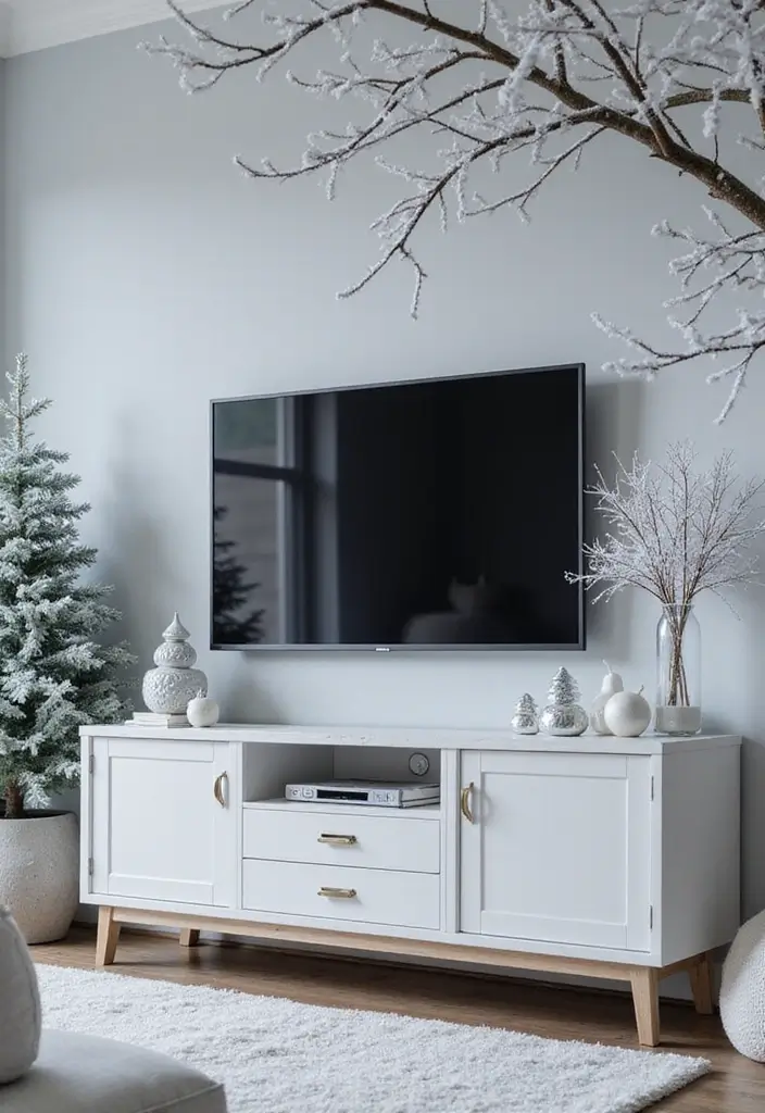 29 TV Stand Christmas Decor Ideas That Look Perfect 4 29 TV Stand Christmas Decor Ideas That Look Perfect - 4. Winter Wonderland Theme