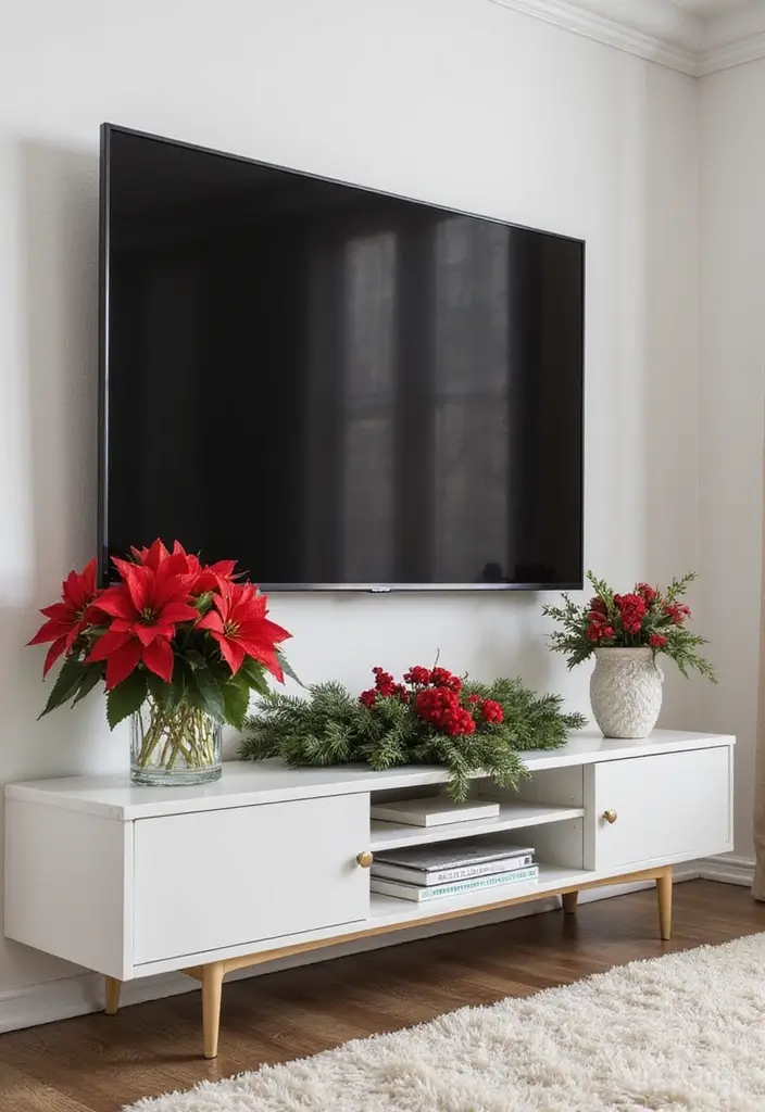 29 TV Stand Christmas Decor Ideas That Look Perfect 7 29 TV Stand Christmas Decor Ideas That Look Perfect - 7. Elegant Seasonal Florals