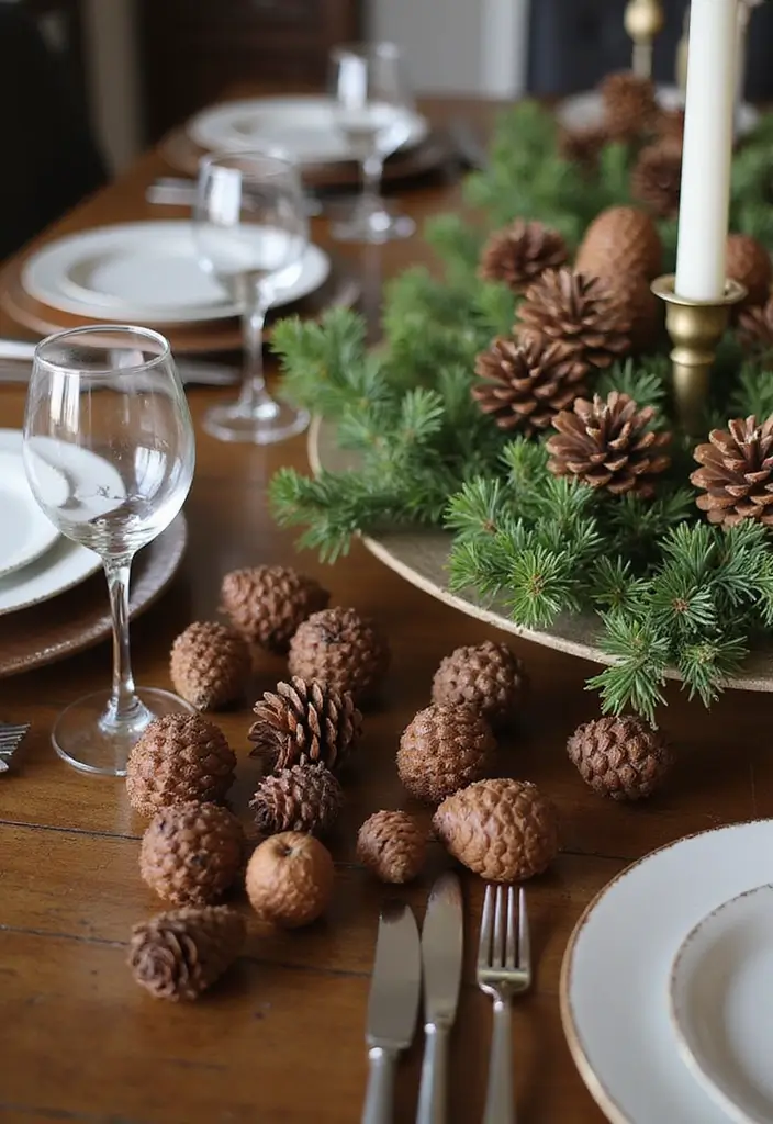 30+ Dining Table Christmas Decor Ideas for Family Gatherings 18 30+ Dining Table Christmas Decor Ideas for Family Gatherings - 18. Pinecone Accents