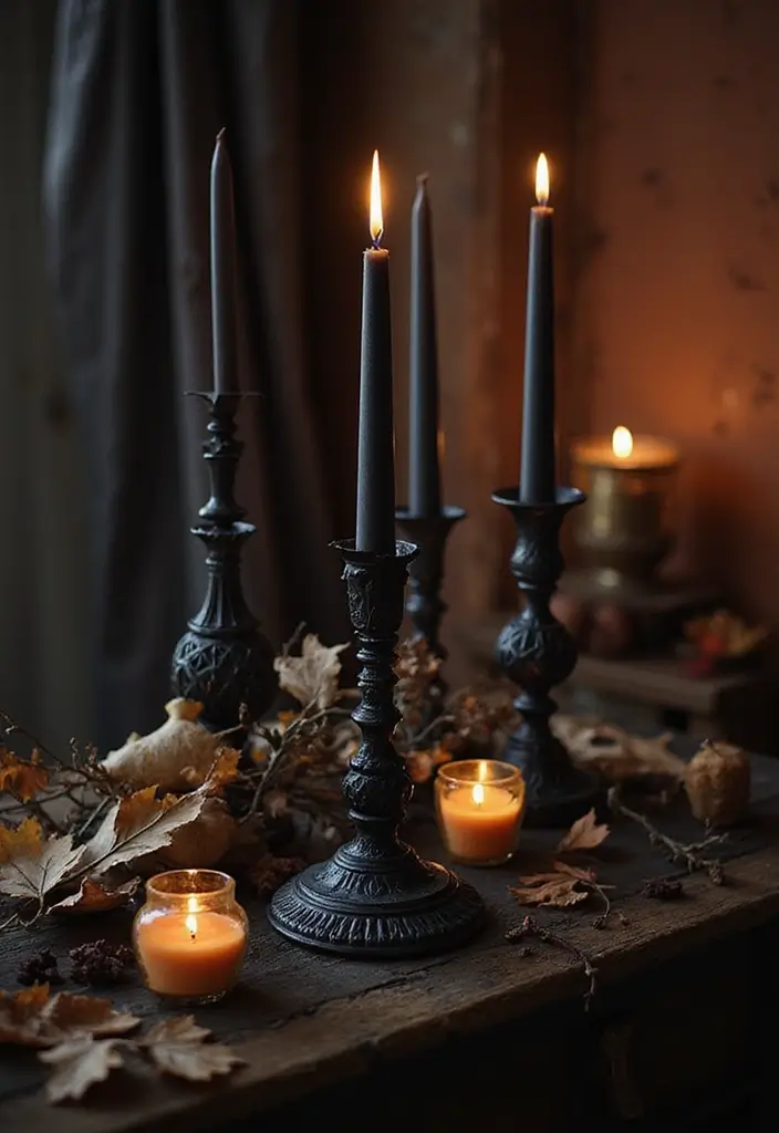 30 Halloween Mantel Decor Ideas for a Spooky Touch 1 30 Halloween Mantel Decor Ideas for a Spooky Touch - 1. Gothic Candle Centerpiece