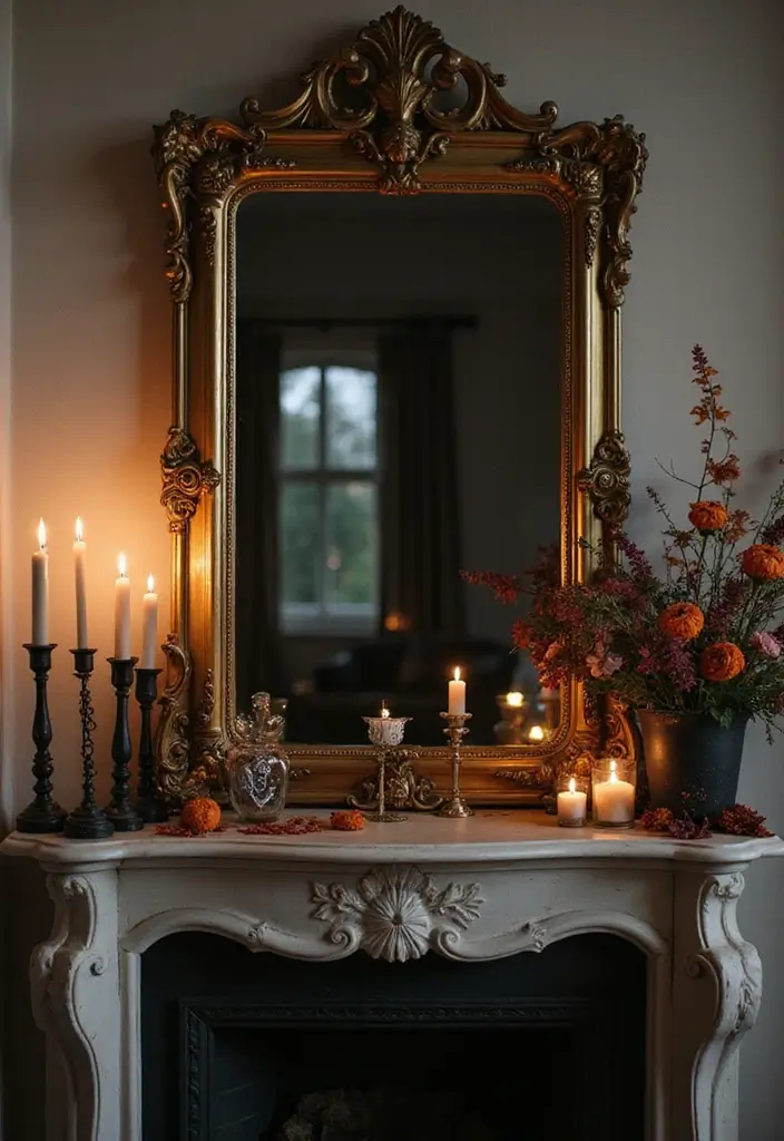 30 Halloween Mantel Decor Ideas for a Spooky Touch 10 30 Halloween Mantel Decor Ideas for a Spooky Touch - 10. Vintage Mirrors