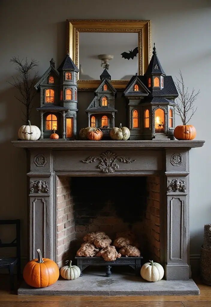 30 Halloween Mantel Decor Ideas for a Spooky Touch 14 30 Halloween Mantel Decor Ideas for a Spooky Touch - 14. Haunted House Models