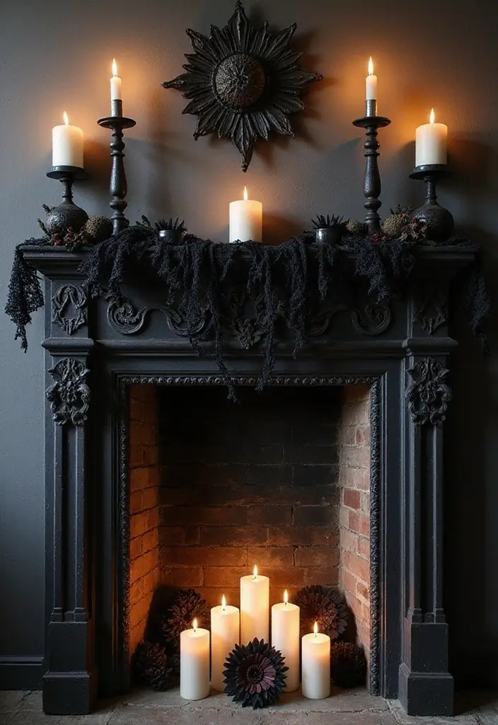 30 Halloween Mantel Decor Ideas for a Spooky Touch 15 30 Halloween Mantel Decor Ideas for a Spooky Touch - 15. Black Lace Accents