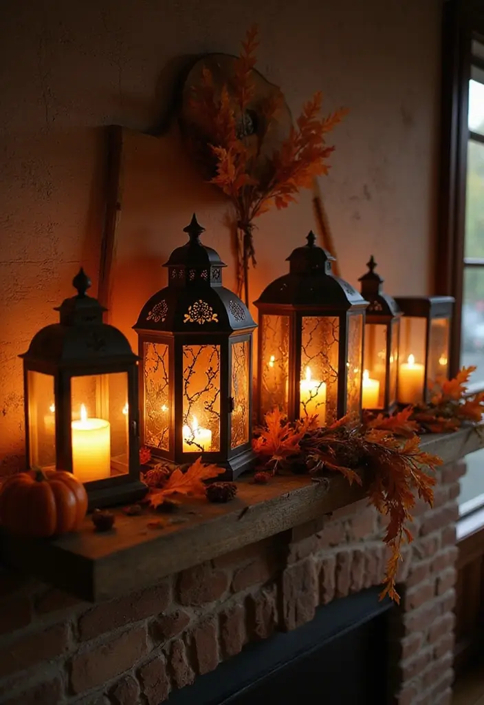 30 Halloween Mantel Decor Ideas for a Spooky Touch 16 30 Halloween Mantel Decor Ideas for a Spooky Touch - 16. Rustic Lanterns