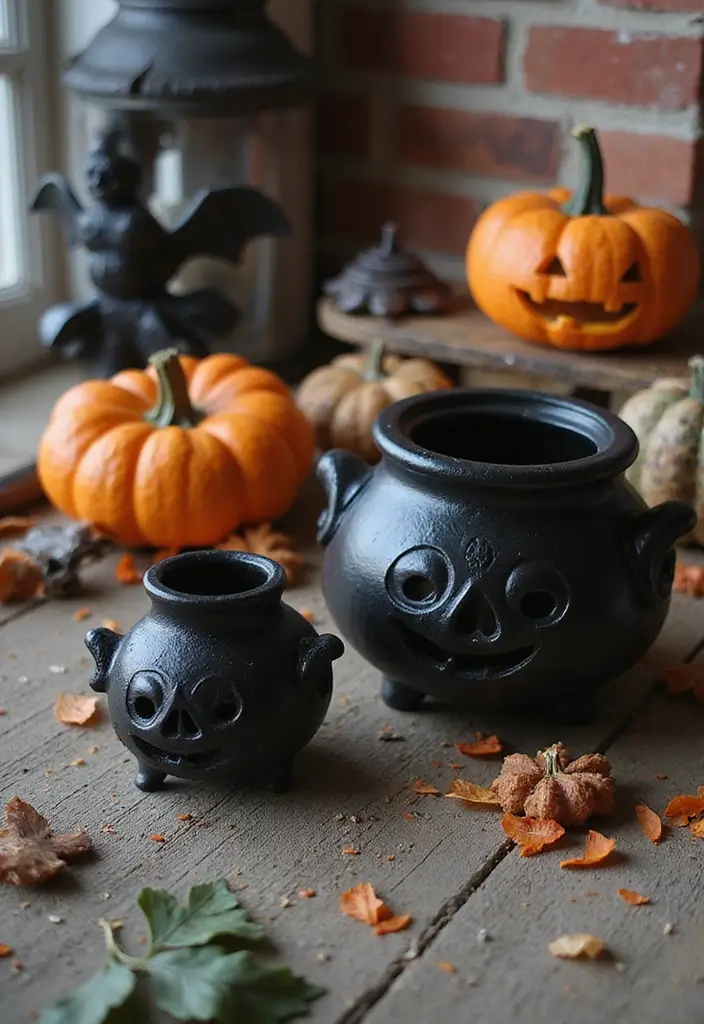 30 Halloween Mantel Decor Ideas for a Spooky Touch 18 30 Halloween Mantel Decor Ideas for a Spooky Touch - 18. Mini Cauldrons