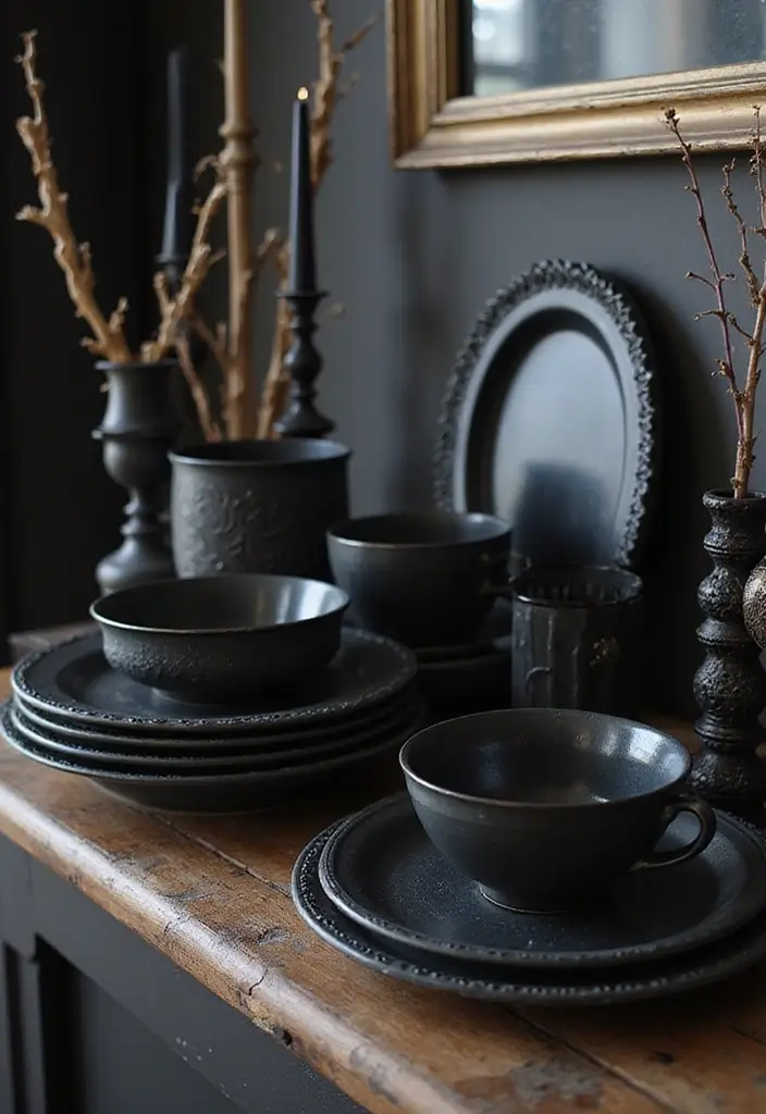 30 Halloween Mantel Decor Ideas for a Spooky Touch 19 30 Halloween Mantel Decor Ideas for a Spooky Touch - 19. Dark Themed Tableware